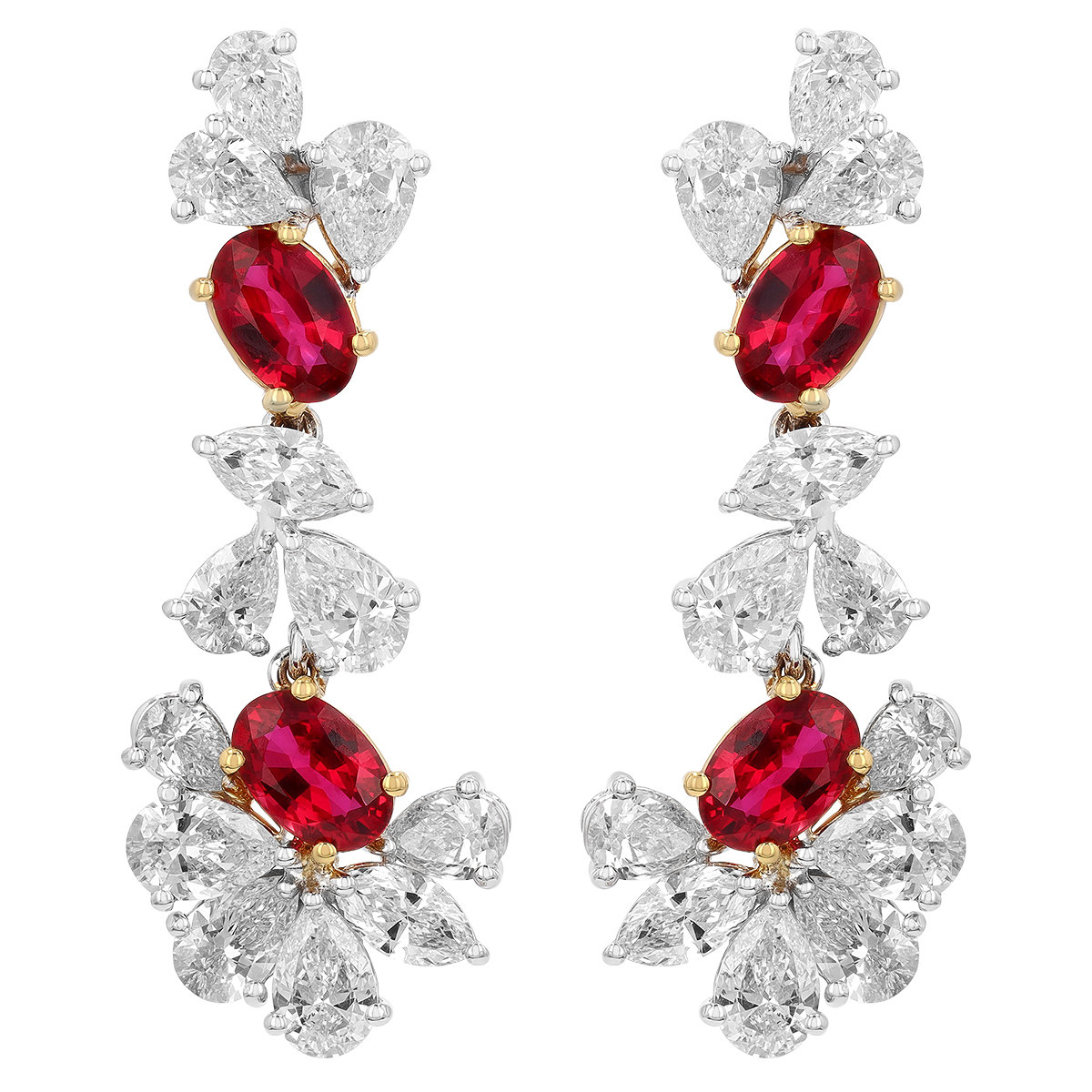 Oval Ruby & Multi Shaped Diamond Cascade Long Drop Earrings in Yellow & White Gold