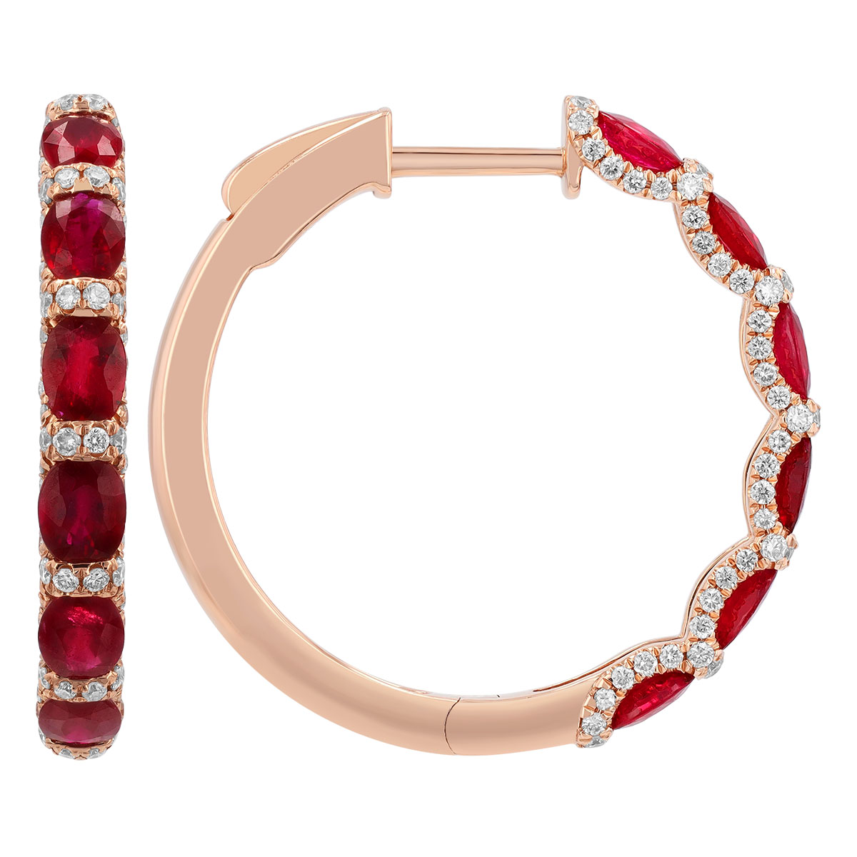 Oval Ruby & Diamond Contoured Halo Hoop Earrings in Rose Gold