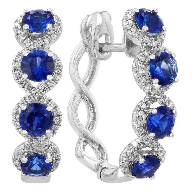 Round Sapphire & Diamond Criss Cross Halo Hoop Earrings in White Gold