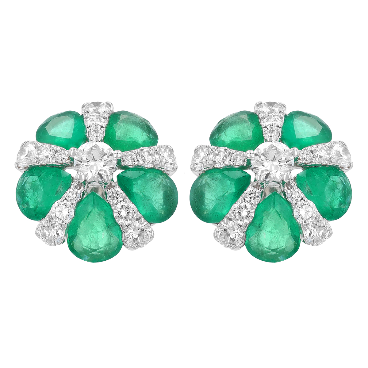 Pear Shaped Emerald & Diamond Flower Stud Earrings in White Gold