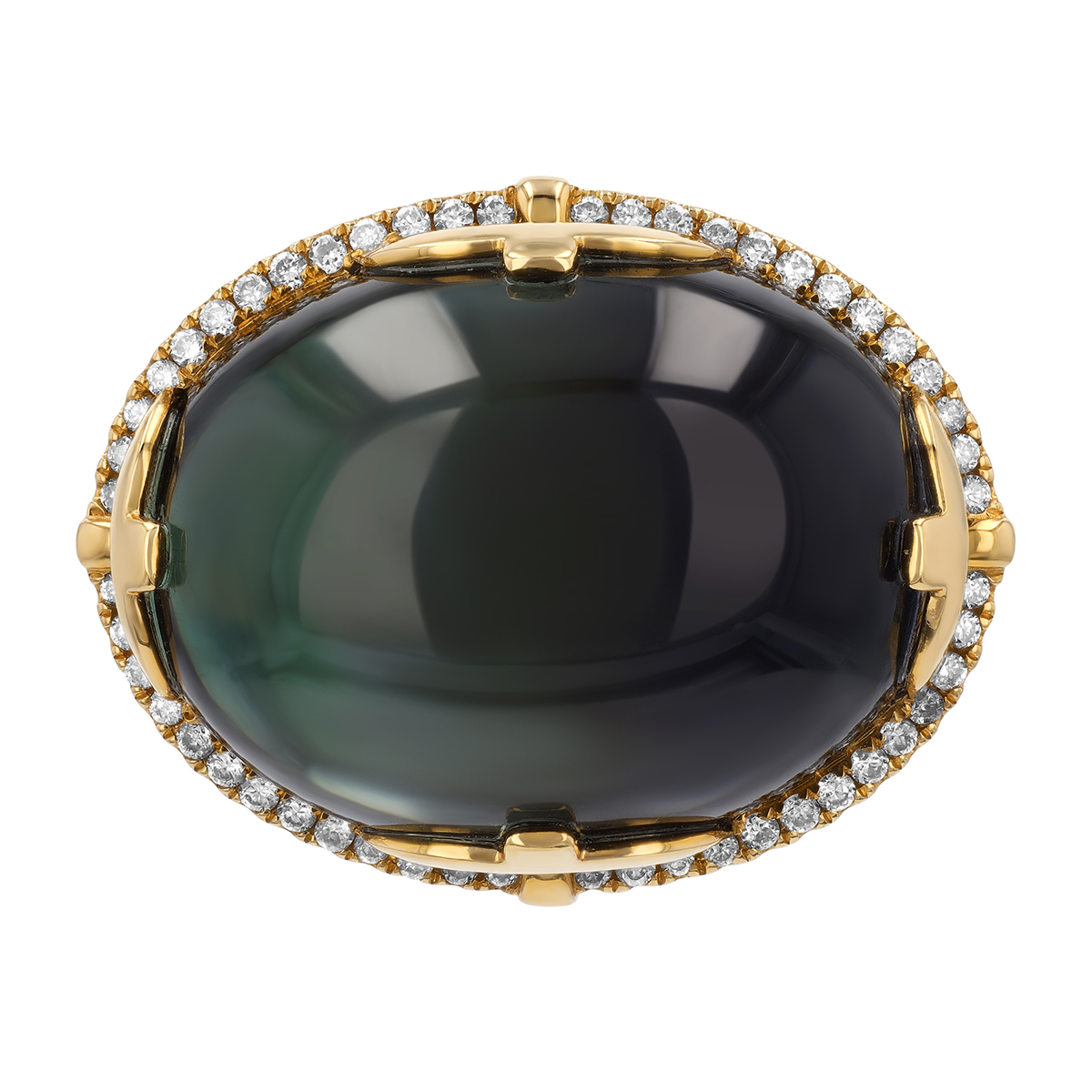 Oval Cabochon Tourmaline & Diamond Halo Ring in Yellow Gold
