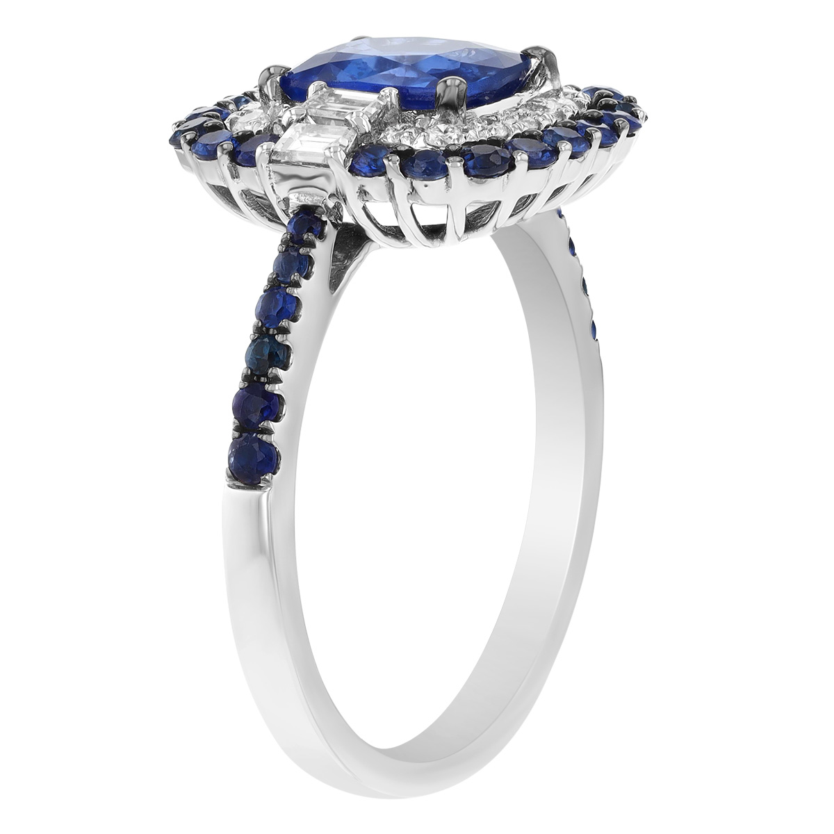 Cushion Sapphire Ring with Multi Shaped Diamond and Sapphire Halo in White Gold