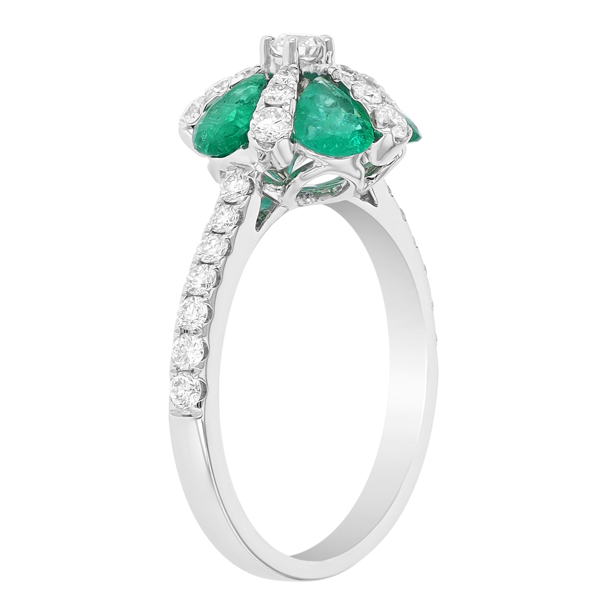 Pear Shaped Emerald & Diamond Flower Ring in White Gold