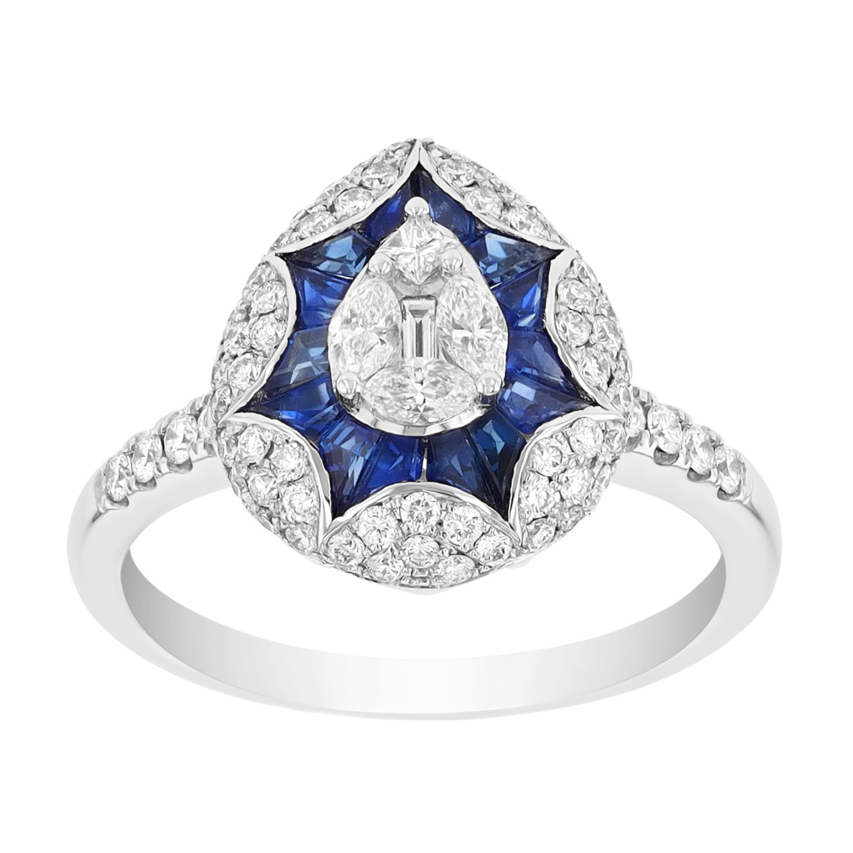 Multi Shaped Sapphire & Diamond Pear Ring in White Gold