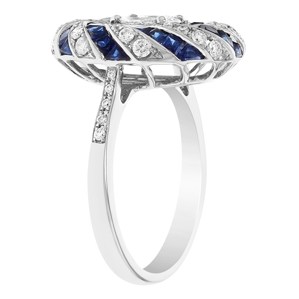 Multi Shaped Sapphire & Diamond Swirl Disc Cocktail Ring in White Gold