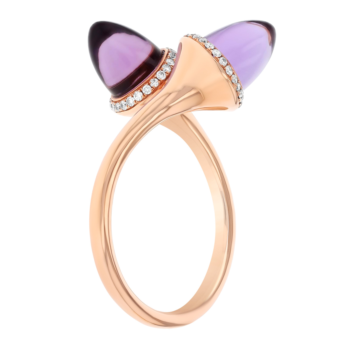 Amethyst Cabochon Endcap & Diamond Halo Bypass Ring in Rose Gold