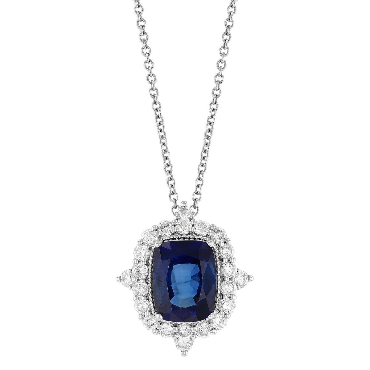Cushion Cut Sapphire & Diamond 4 Point Halo Pendant in White Gold, 18