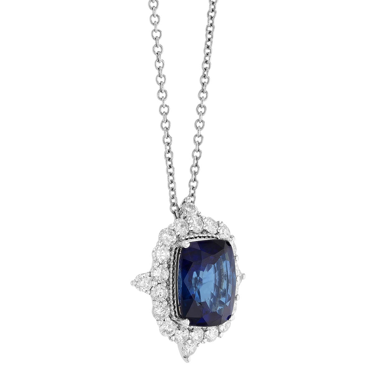 Cushion Cut Sapphire & Diamond 4 Point Halo Pendant in White Gold, 18