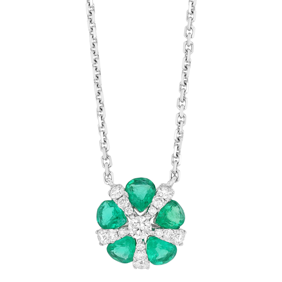 Pear Shaped Emerald & Diamond Flower Necklace in White Gold, 18