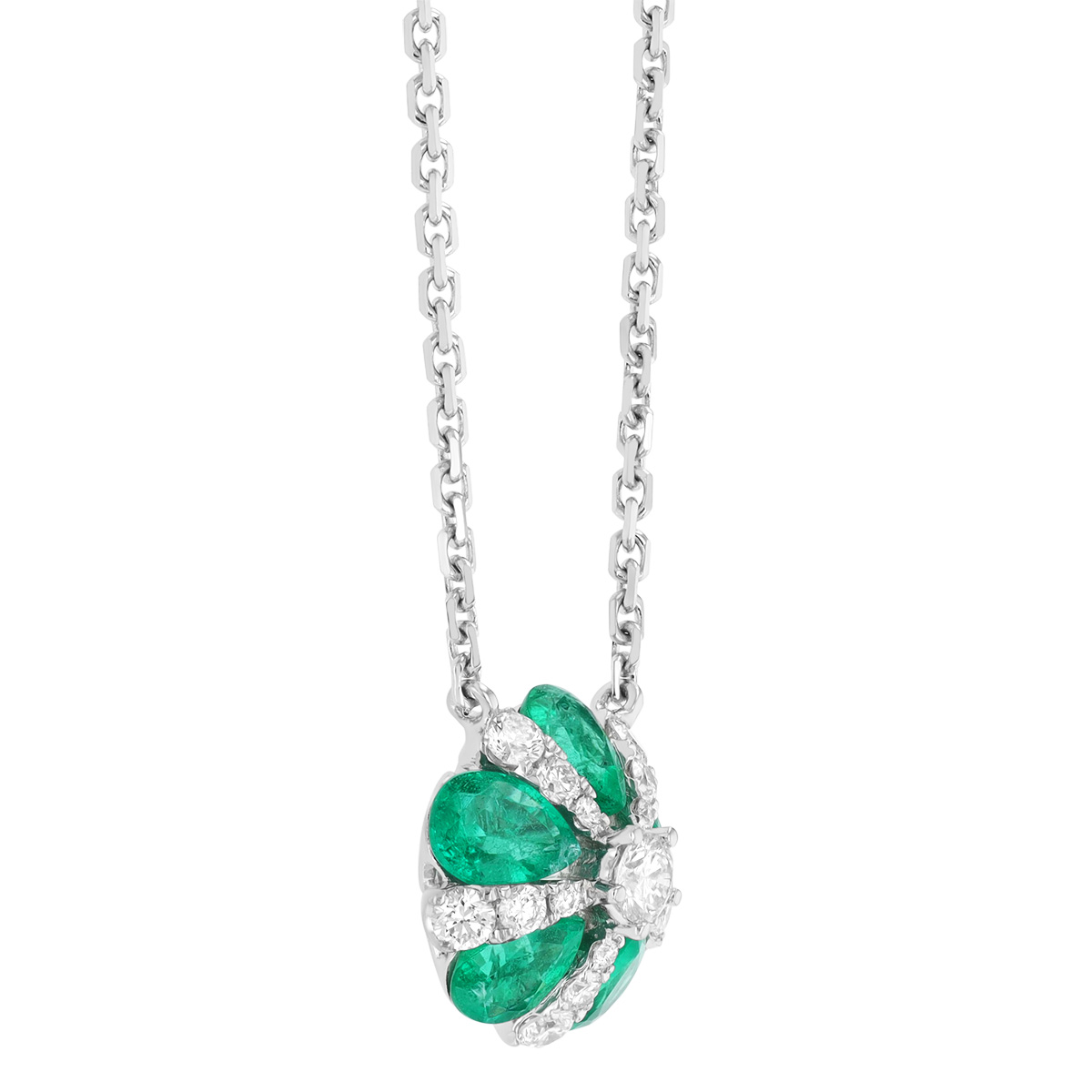 Pear Shaped Emerald & Diamond Flower Necklace in White Gold, 18