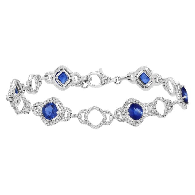 Cushion Cut Sapphire & Diamond Open Halo Alternating Bracelet in White Gold, 7"