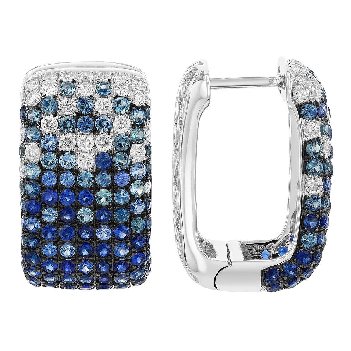 Blue Sapphire & Diamond Ombre Pave Rectangle Hoop Earrings in White Gold