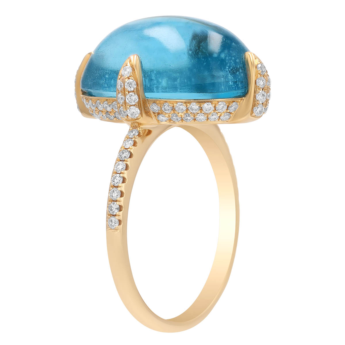 Oval Aquamarine Cabochon & Diamond Claw Prong Ring in Yellow Gold