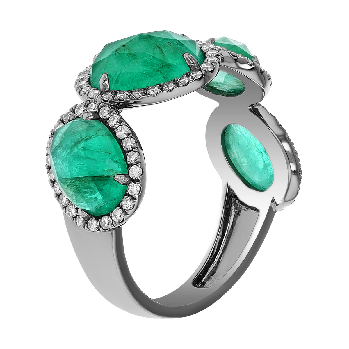 Rose Cut Oval Emerald & Diamond Halo 4 Stone Tilt Ring in White Gold