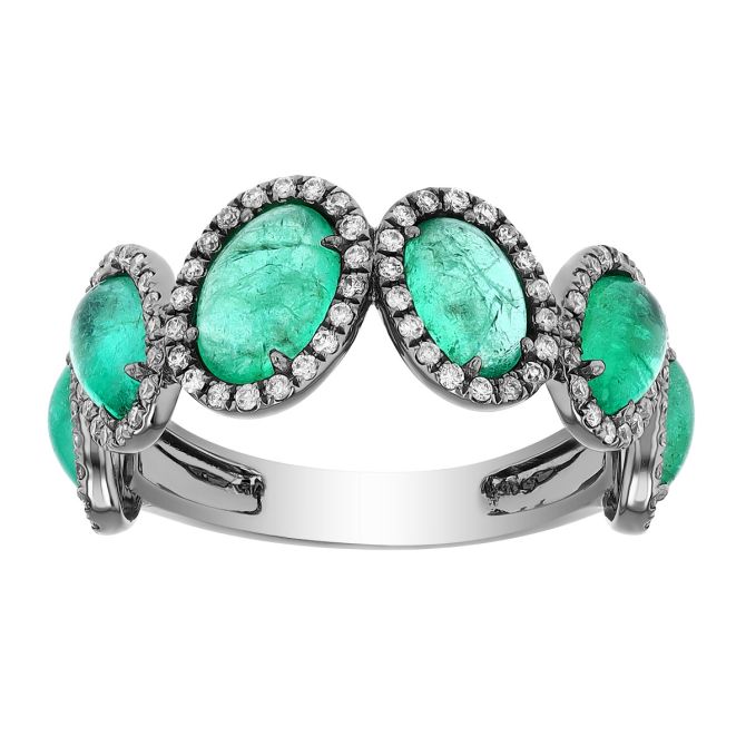 Oval Emerald Cabochon & Diamond Halo 6 Stone Tilt Ring in White Gold