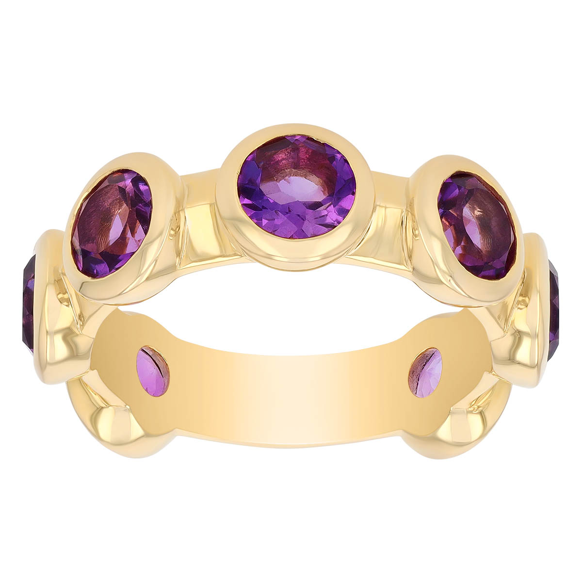 Bezel Set Round Amethyst Station Ring in Yellow Gold