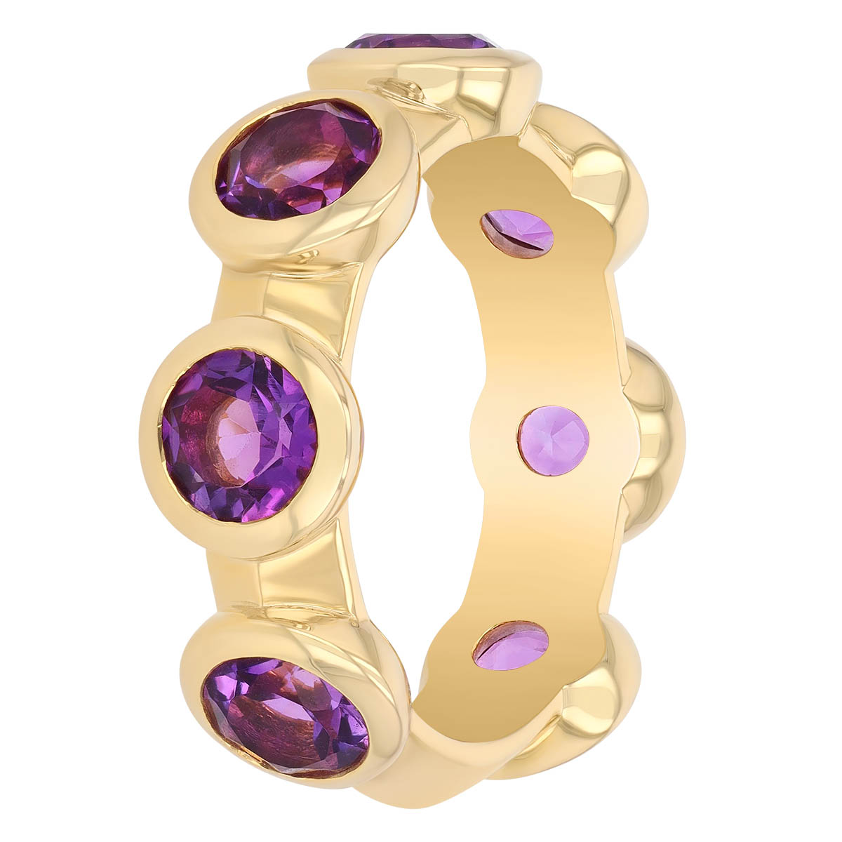 Bezel Set Round Amethyst Station Ring in Yellow Gold