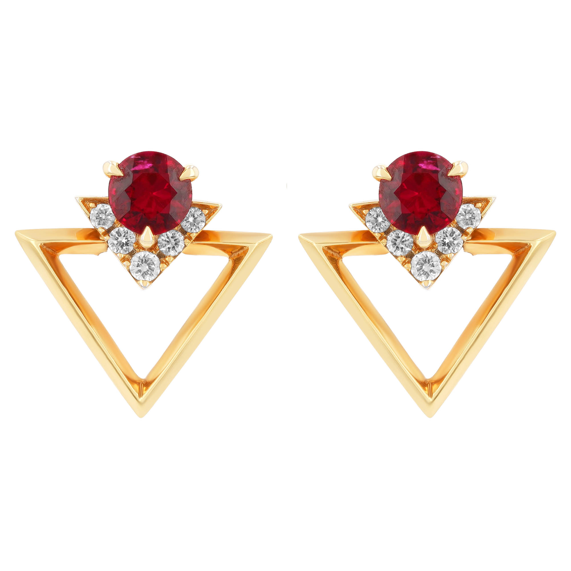Ruby & Diamond Triangle Geometric Stud Earrings in Yellow Gold