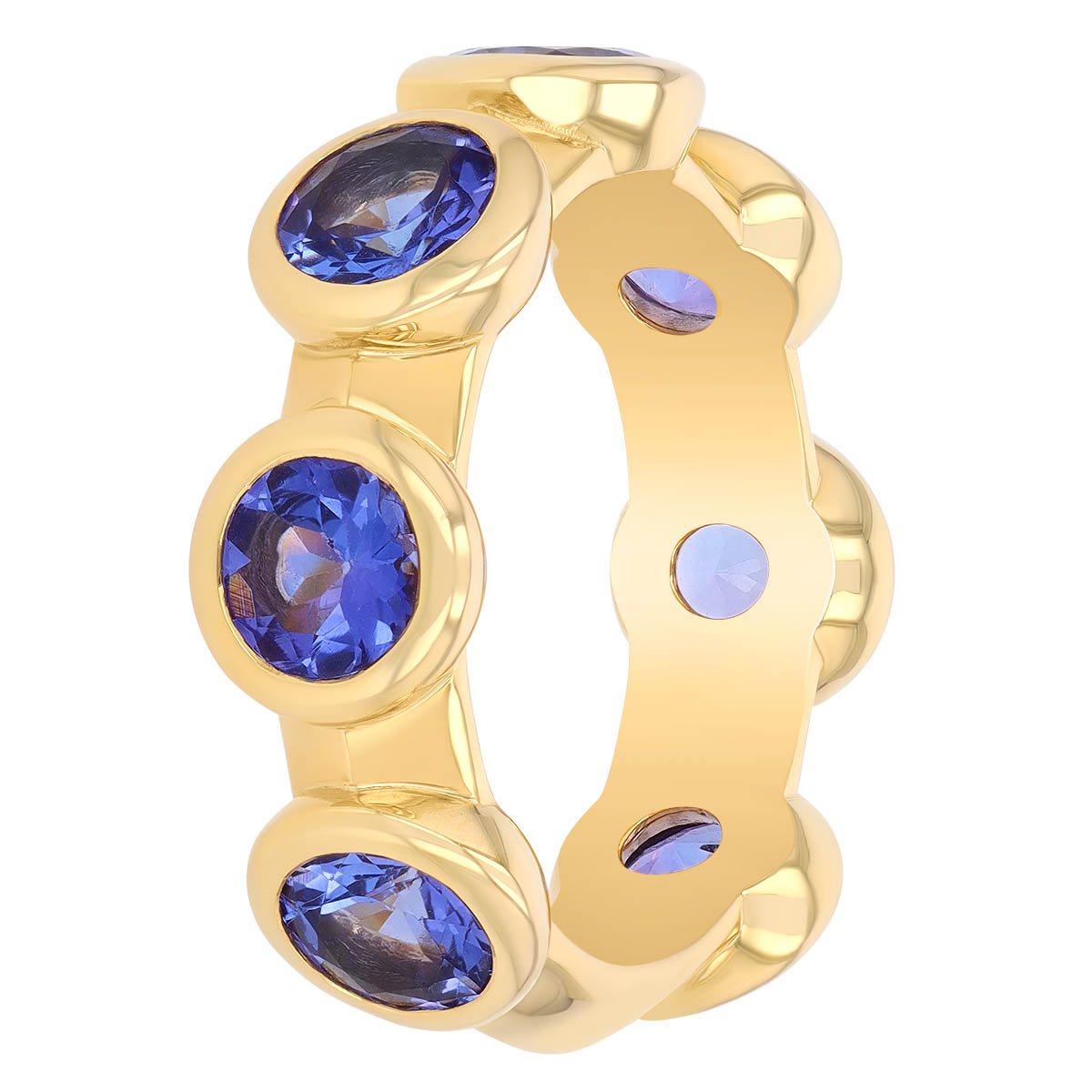 Bezel Set Round Tanzanite Station Ring in Yellow Gold