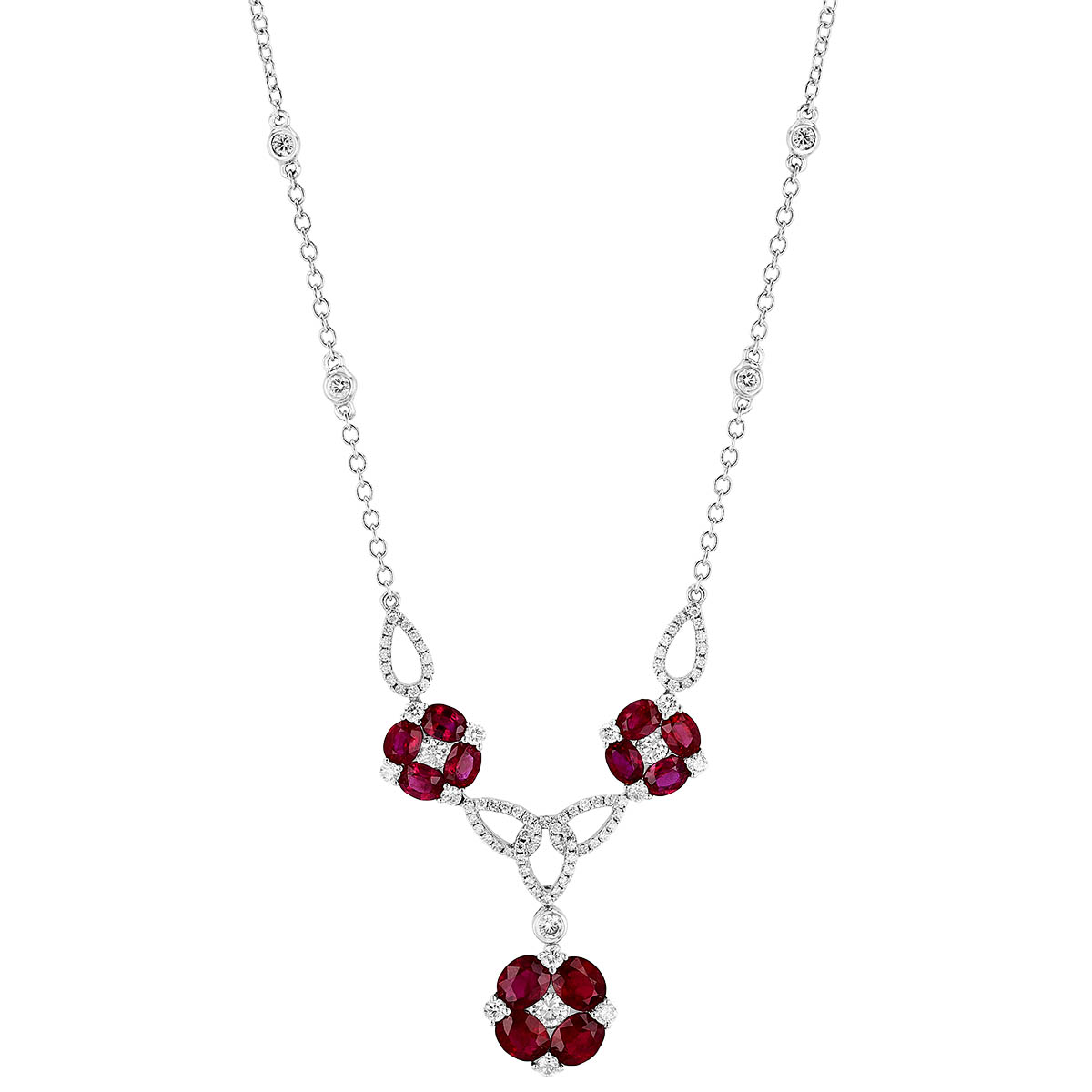 Oval Ruby & Diamond Cluster Trio Necklace in White Gold, 16