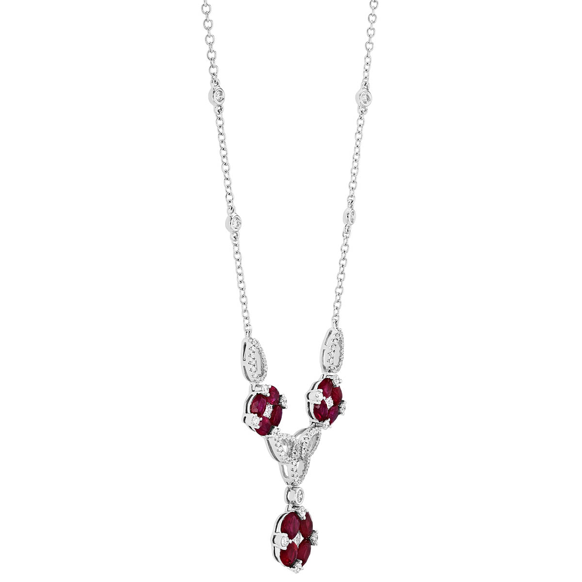 Oval Ruby & Diamond Cluster Trio Necklace in White Gold, 16