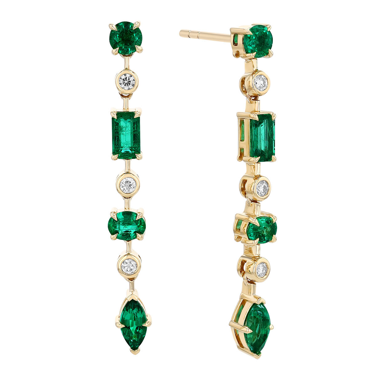 Multi-Shape Emerald & Diamond Dangle Earrings in Yellow Gold
