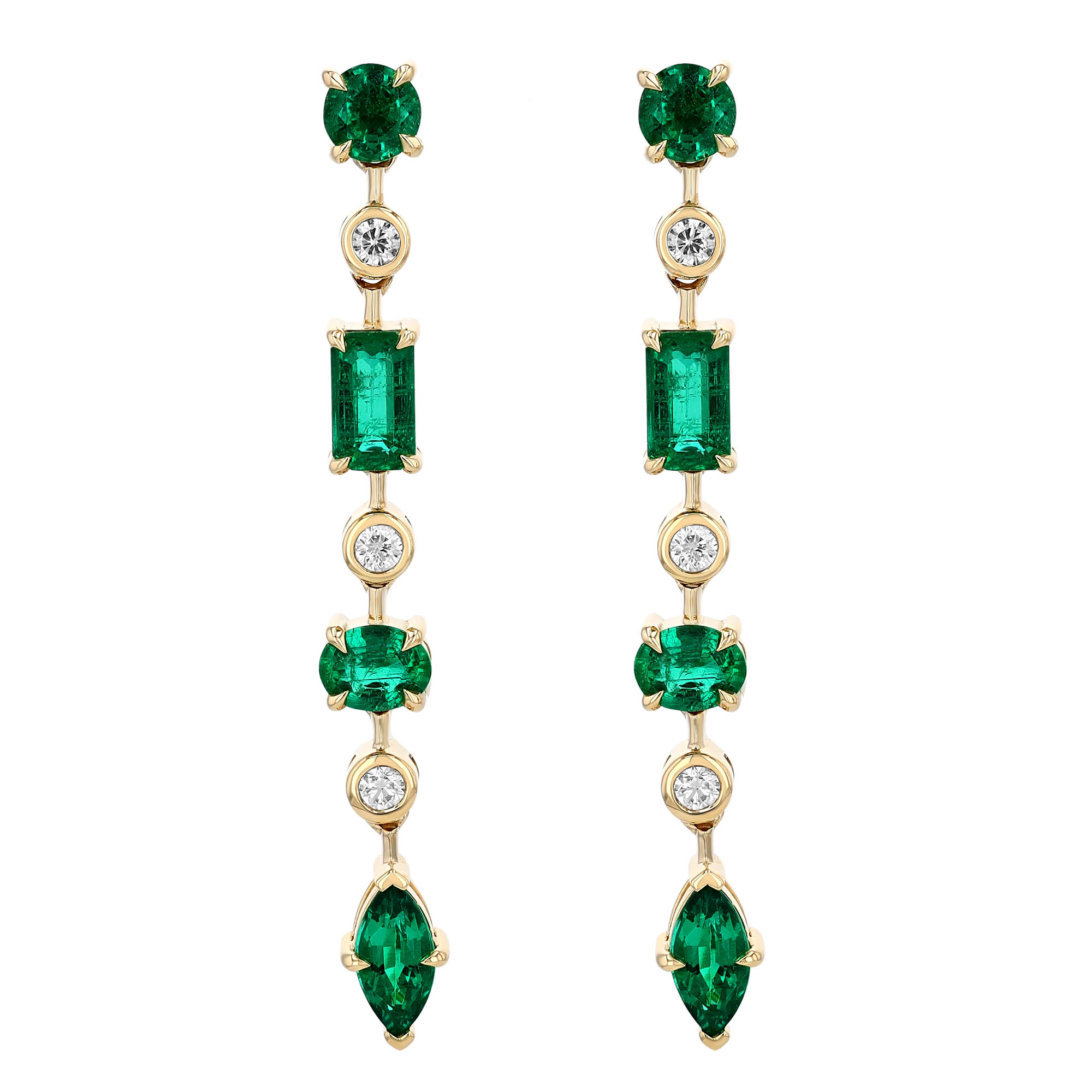 Multi-Shape Emerald & Diamond Dangle Earrings in Yellow Gold