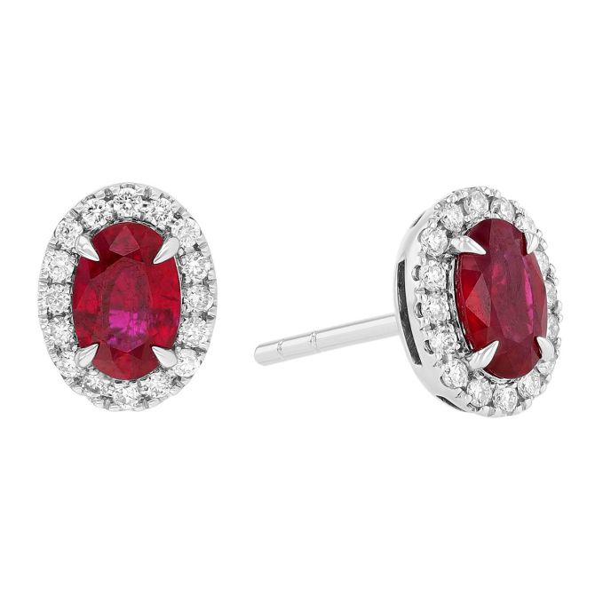 Oval Ruby & Diamond Halo Stud Earrings in White Gold
