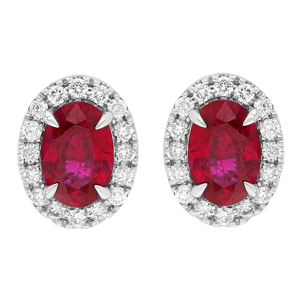 Oval Ruby & Diamond Halo Stud Earrings in White Gold