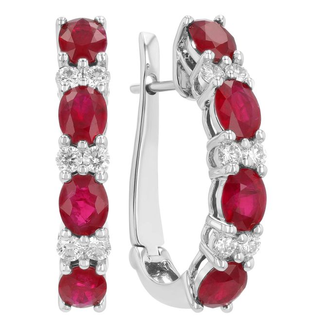 Oval Ruby & Diamond Duo J-Hoop Earrings in White Gold