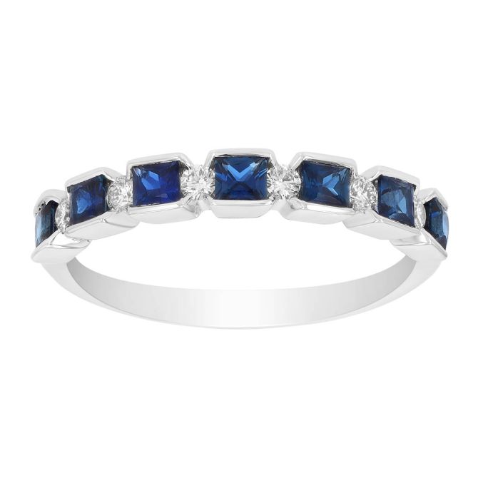 Princess Cut Sapphire & Round Diamond Ring in White Gold