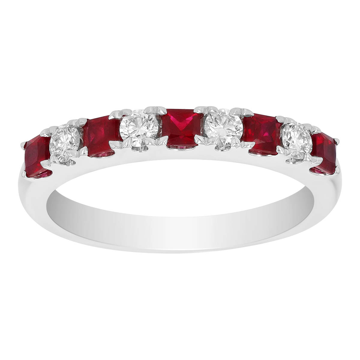 Princess Cut Ruby & Round Diamond Alternating Pattern Ring in White Gold