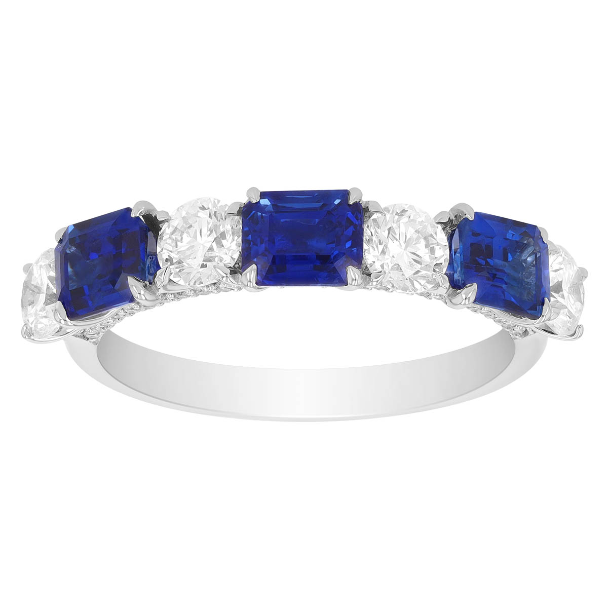Emerald Cut Sapphire & Round Diamond Alternating Pattern Ring in White Gold