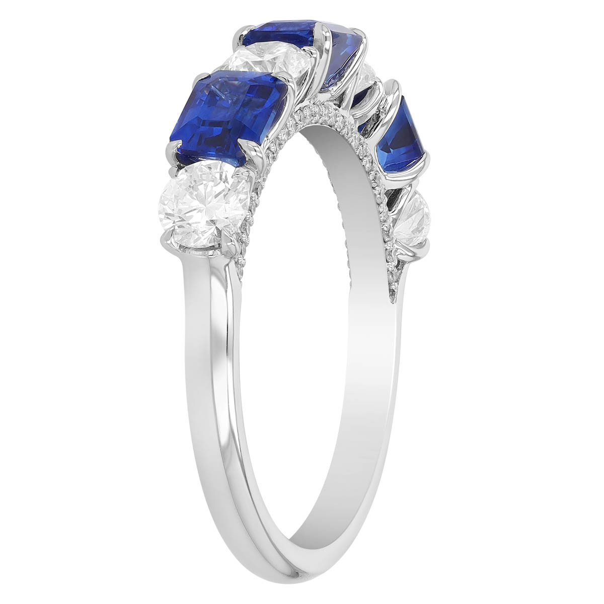 Emerald Cut Sapphire & Round Diamond Alternating Pattern Ring in White Gold