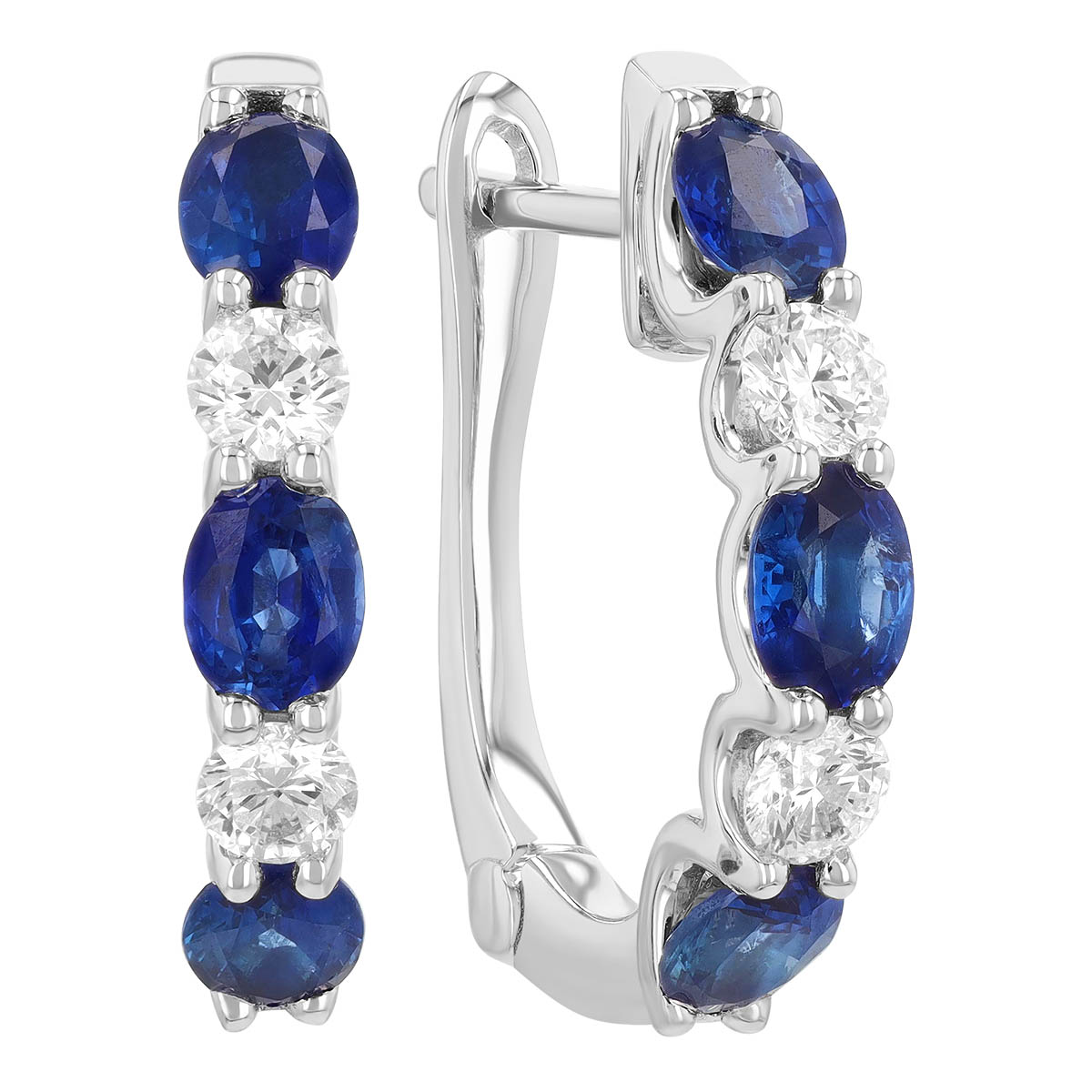Oval Sapphire & Round Diamond Alternating J-Hoop Earrings in White Gold