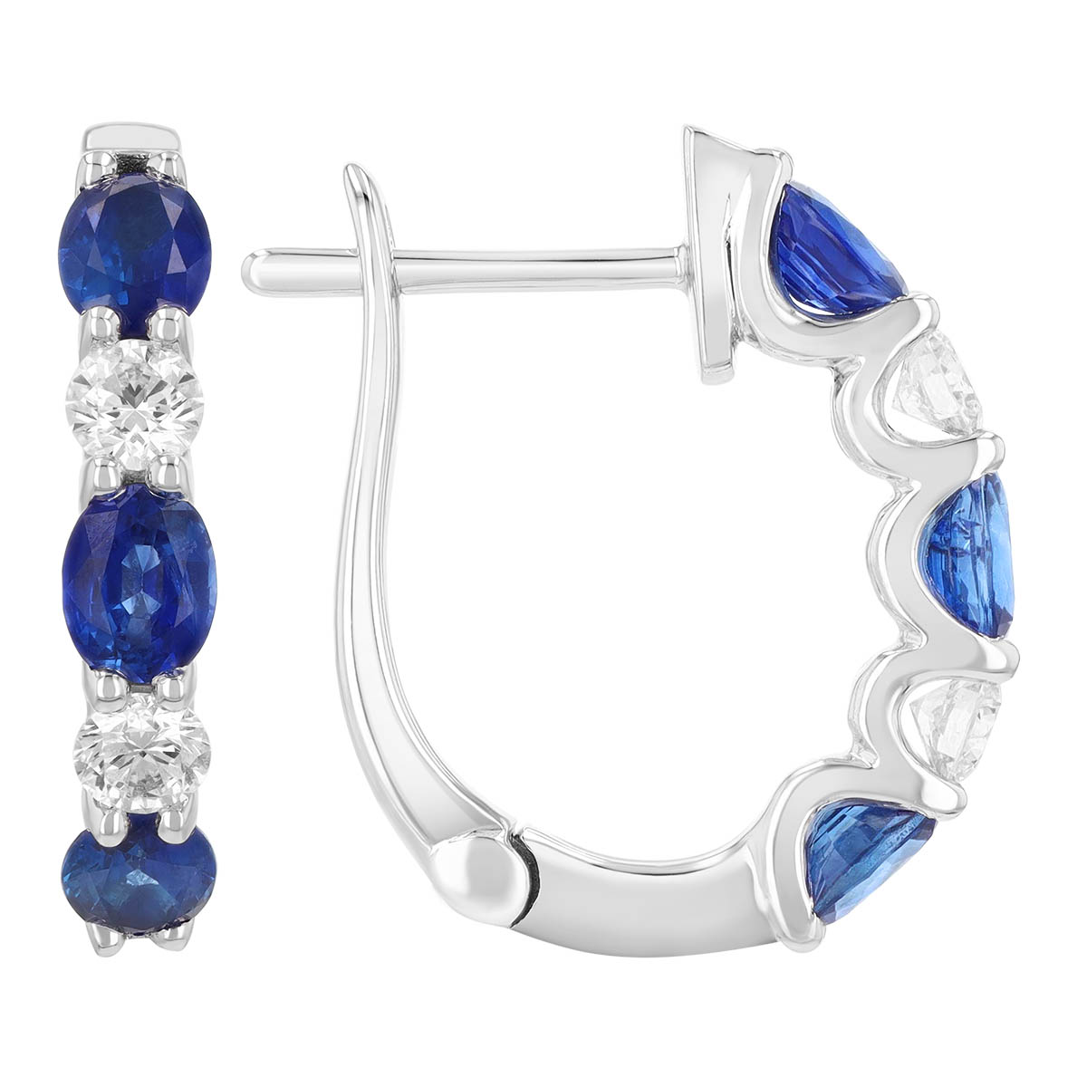 Oval Sapphire & Round Diamond Alternating J-Hoop Earrings in White Gold