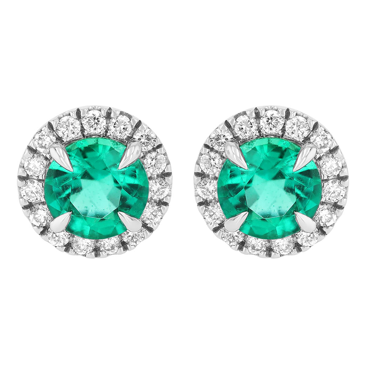 Round Emerald & Diamond Halo Stud Earrings