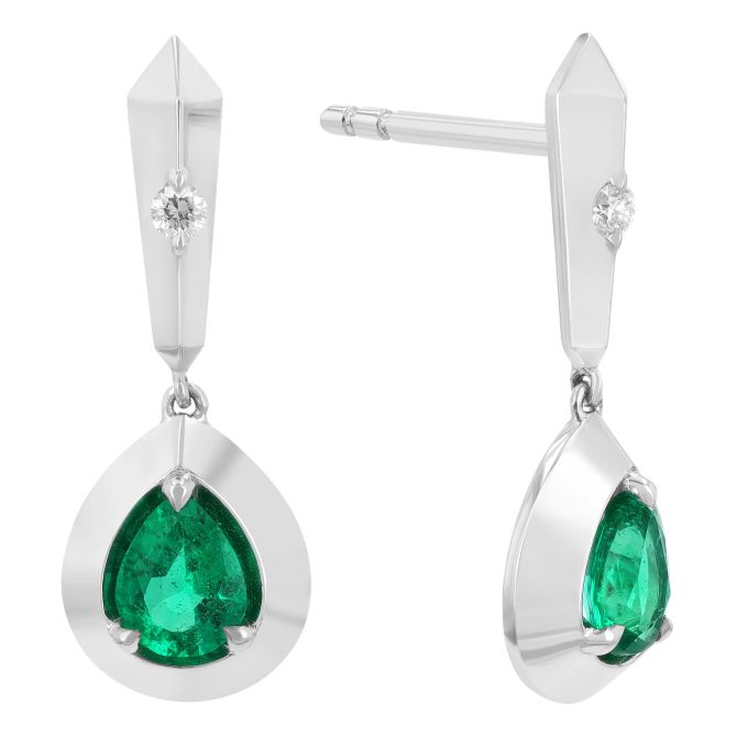 Pear Shape Emerald Dangle Earrings in White Gold with Diamond Accent