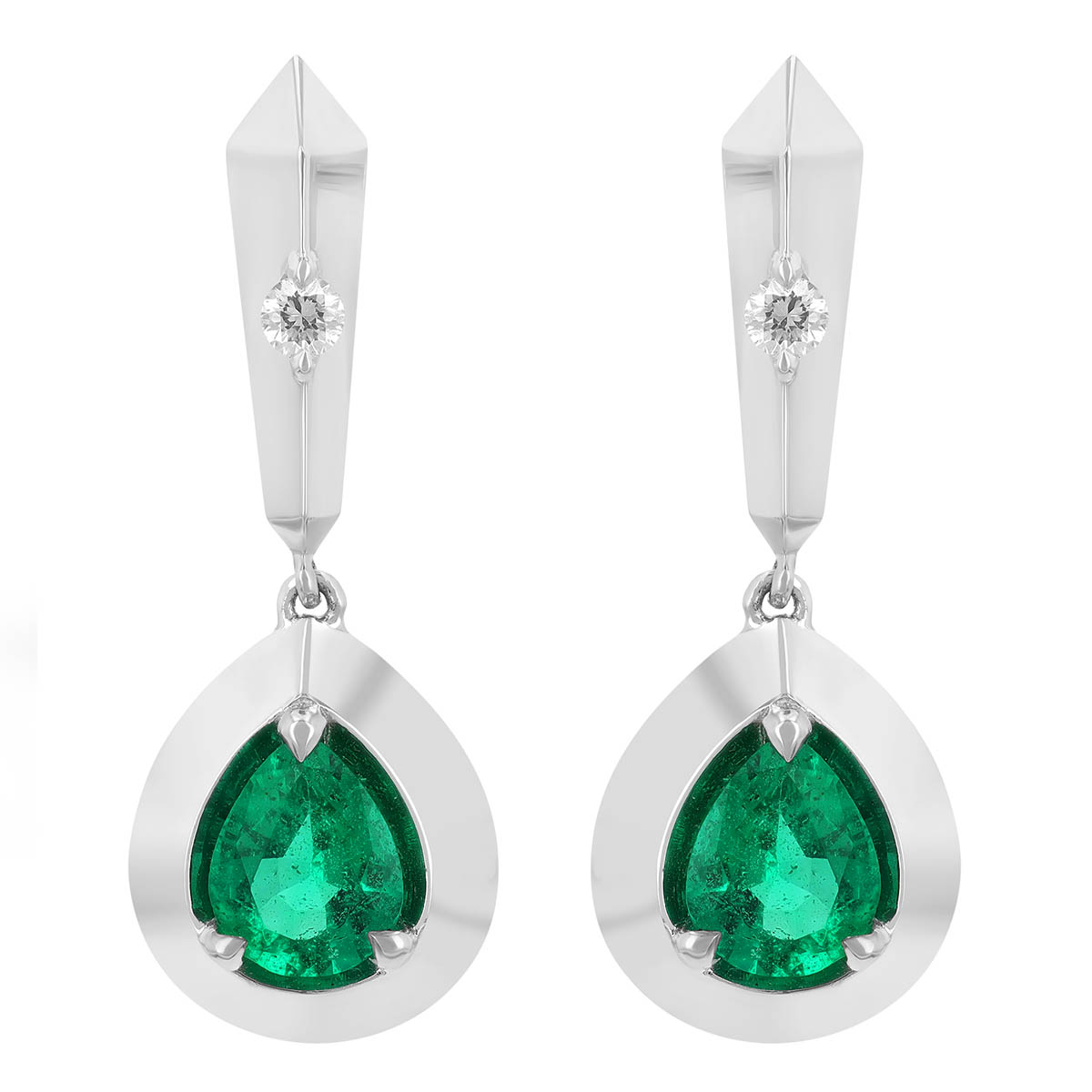 Pear Shape Emerald Dangle Earrings in White Gold with Diamond Accent