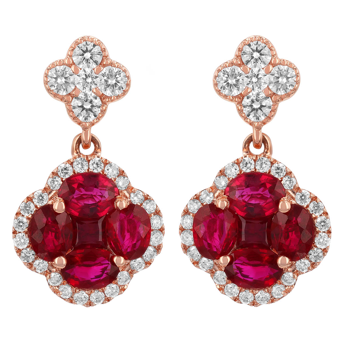 Oval & Princess Cut Ruby Cluster & Diamond Dangle Earrings in Rose Gold