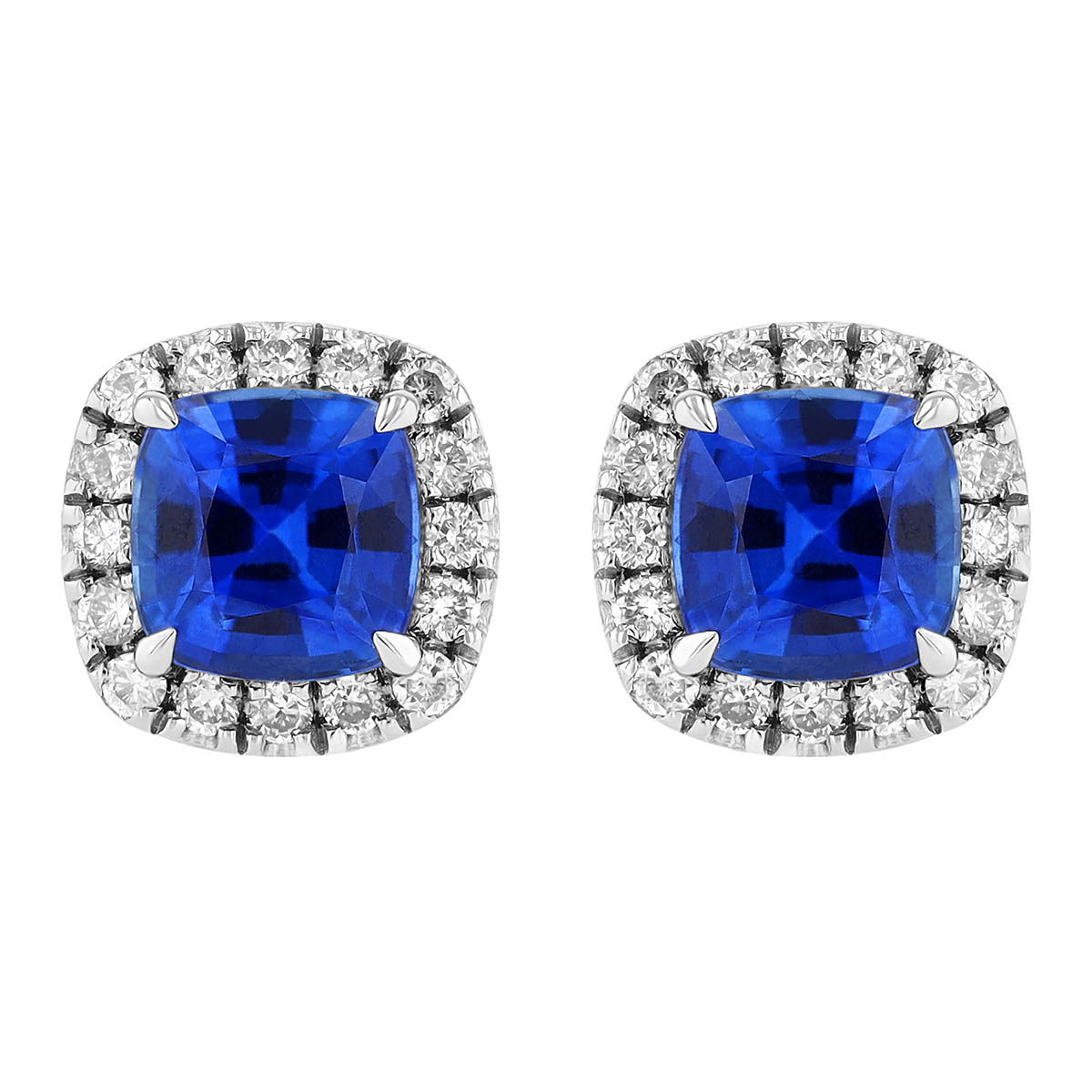 Cushion Cut Sapphire & Diamond Halo Stud Earrings in White Gold