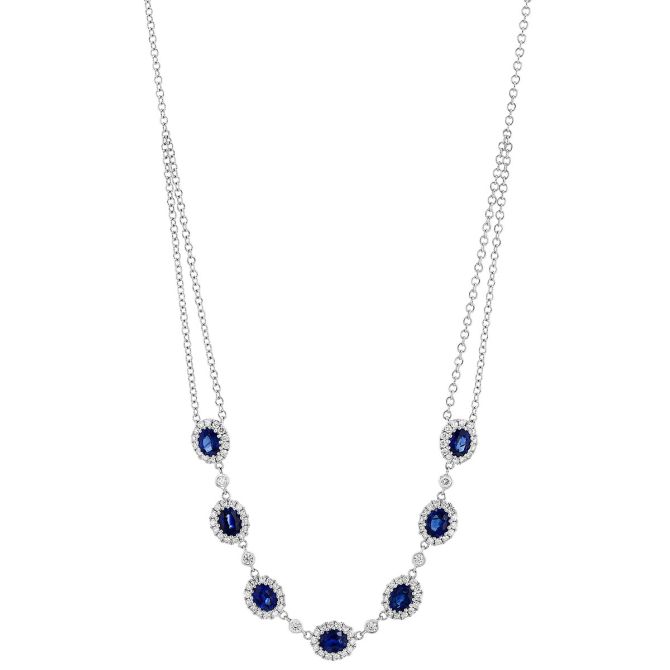 Oval Sapphire & Diamond Halo Double Strand Necklace in White Gold, 16"