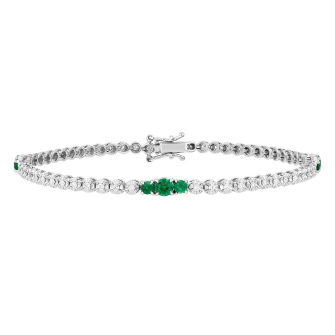 Diamond & Emerald Trio Station Tennis Bracelet in White Gold, 7"