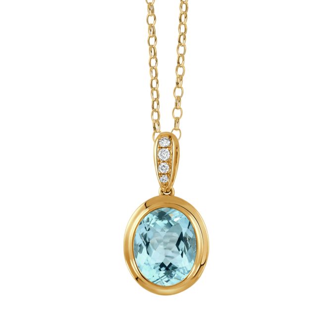 Doves Sky Blue Oval Topaz & Diamond Pendant in Yellow Gold, 18"