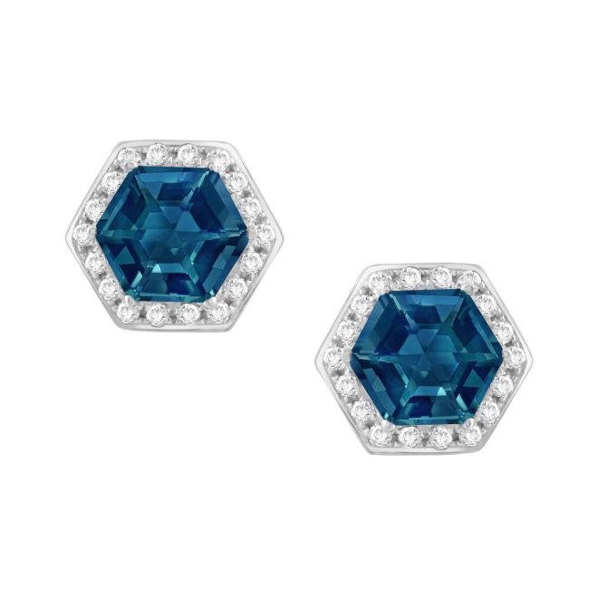 Doves London Blue Topaz & Diamond Hexagon Stud Earrings in White Gold