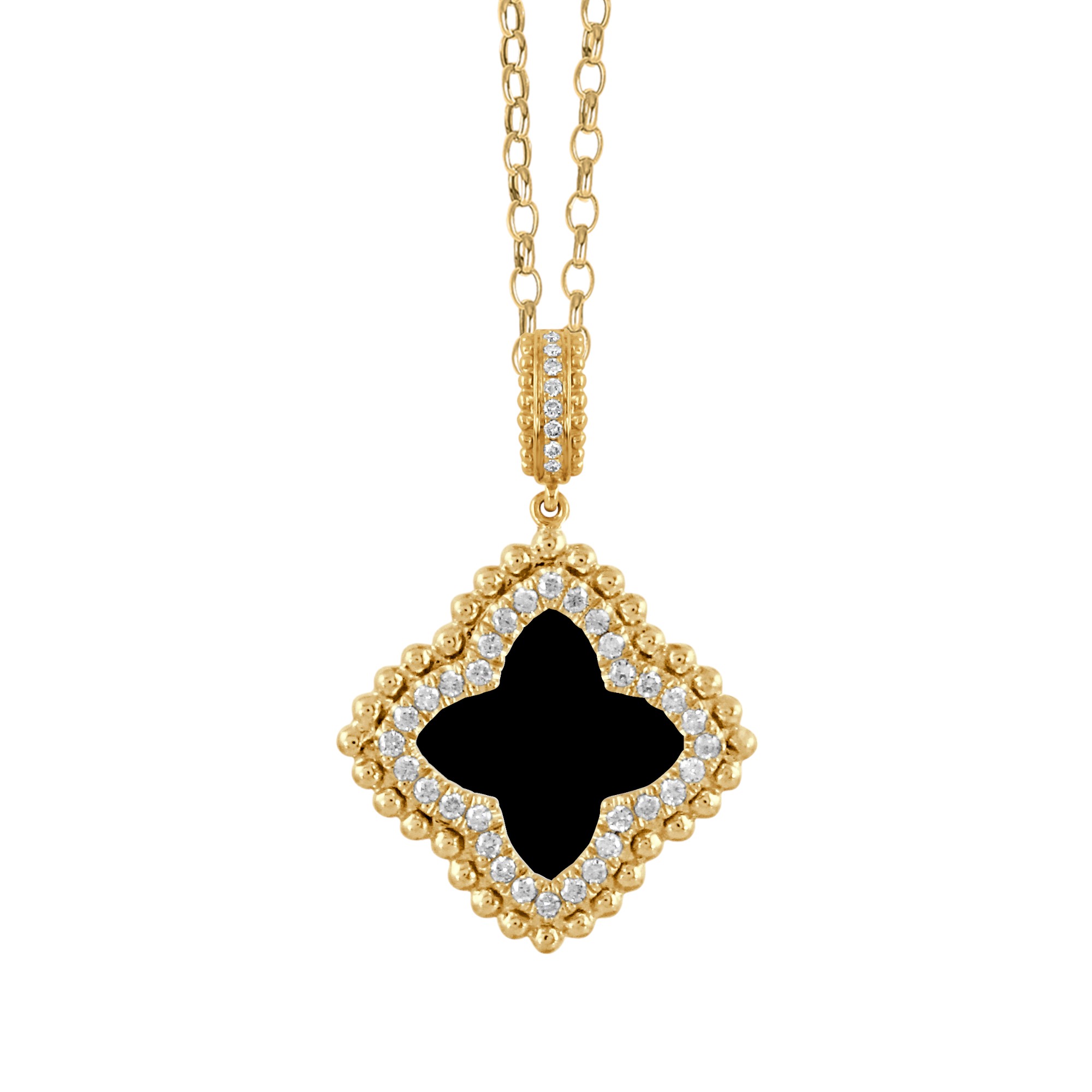 Doves Ravenna Black Onyx & Diamond Quatrefoil Pendant in Yellow Gold, 18