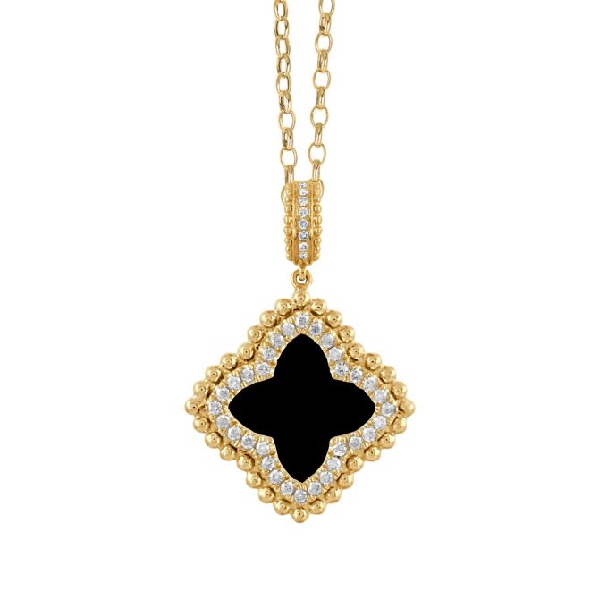 Doves Ravenna Black Onyx & Diamond Quatrefoil Pendant in Yellow Gold, 18"