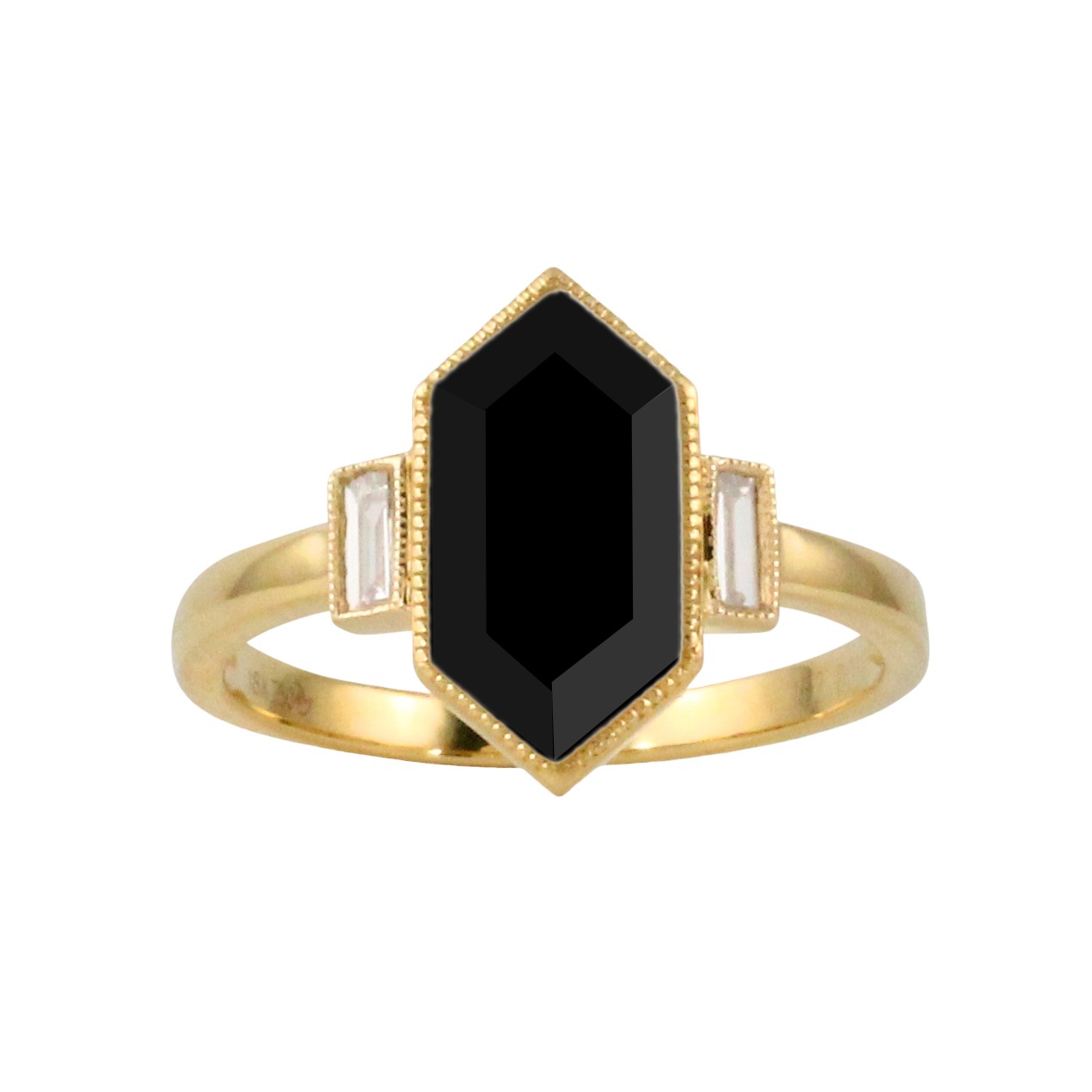 Doves Gatsby Hexagon Black Onyx & Diamond Baguette Ring in Yellow Gold