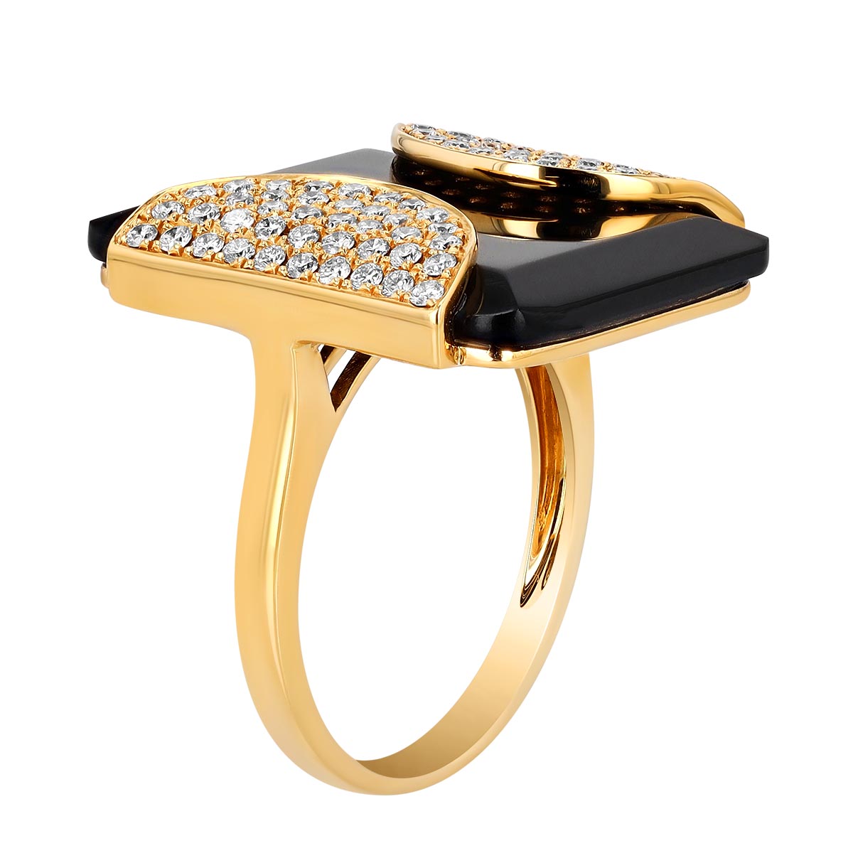 Doves Square Black Onyx Chalcedony & Diamond Ring in Yellow Gold