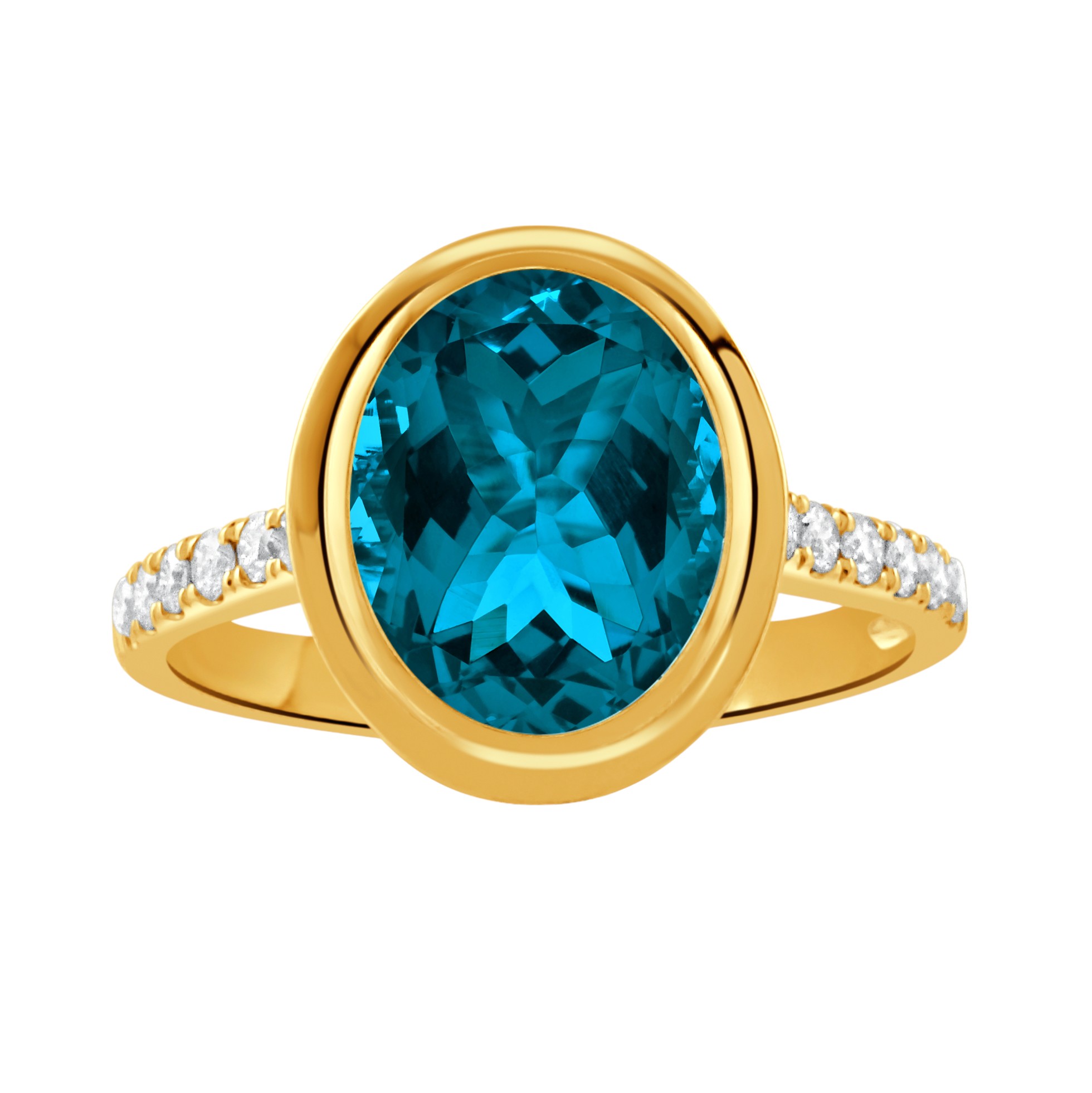 Doves London Blue Oval Topaz Bezel Set Ring in Yellow Gold with Diamond Shank